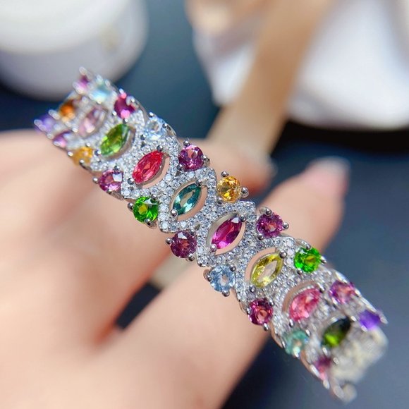 NEW 925 STERLING NATURAL MULTI COLOR TOURMALINE BANGLES 7'